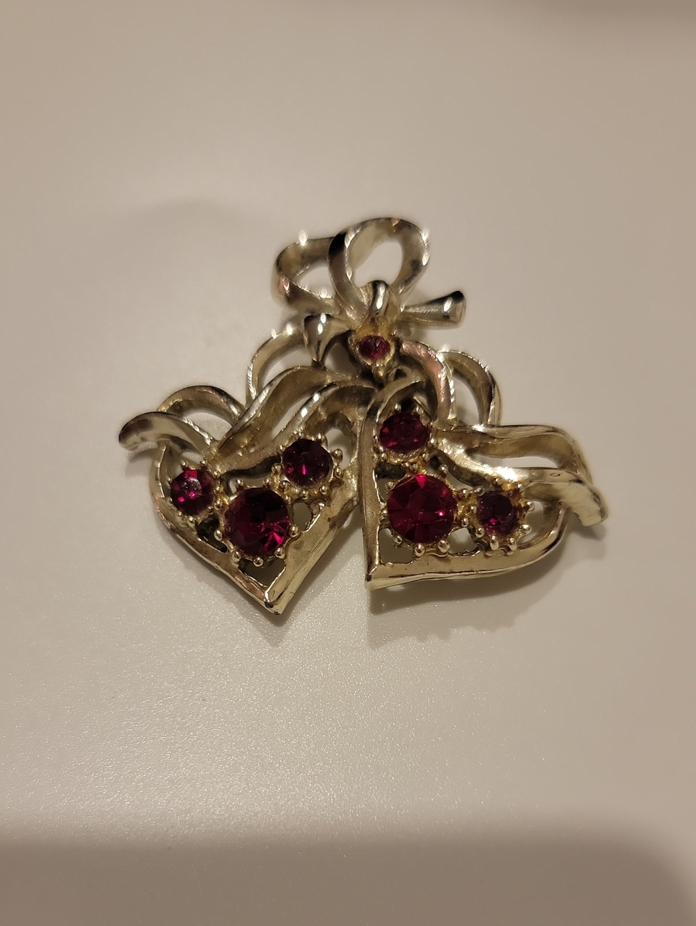 Silver-Tone Double Heart Pendant with Ruby Red Crystals